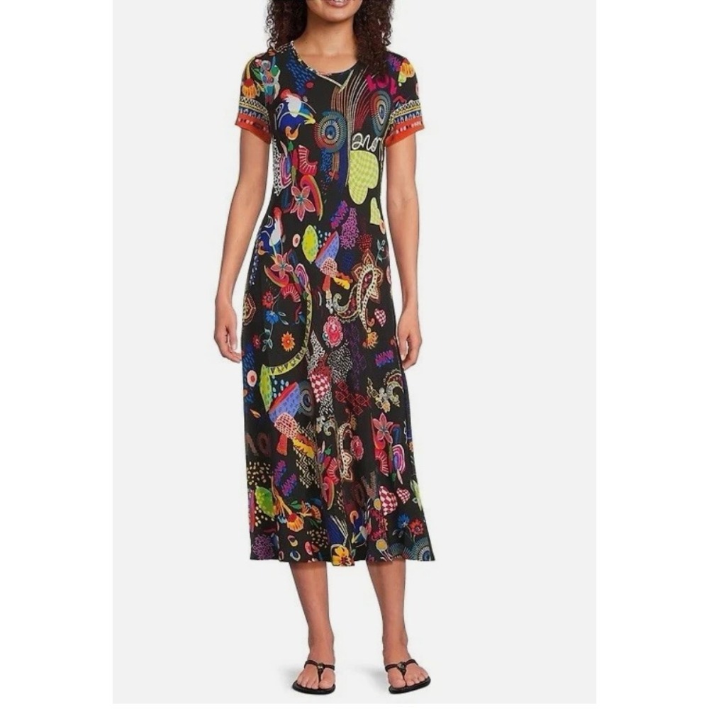 Johnny Was Janie Favorite Jenny Scarf Dress Black Multi Boho Midi T39725-4D
